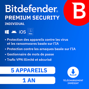 Bitdefender Premium Security 2026 – Individual – 5 App 1 An – Windows Mac Android iOS – Edition Française