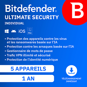 Bitdefender Ultimate Security 2026 – Individual – 5 App 1 An – Windows Mac Android iOS – Edition Française