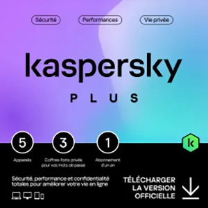 Kaspersky Plus 2025 – Multidevice 5 App 1 An – PC Mac Android iOS – Edition Française – Licence livrée par mail 24h/24