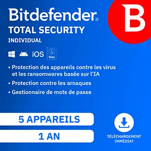 bitdefender total security 2026 multidevice 5 app 1 an pc mac android ios edition française – licence livrée par mail 24h/24