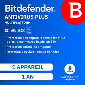 Bitdefender Antivirus Plus MULTIPLATFORM 2026 – 1 App 1 An – Windows Mac Android iOS – Edition Française