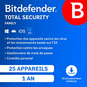 Bitdefender Total Security 2026 – Family – 25 App 1 An – Windows Mac Android iOS – Edition Française