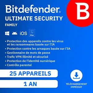Bitdefender Ultimate Security 2026 – Family – 25 App 1 An – Windows Mac Android iOS – Edition Française