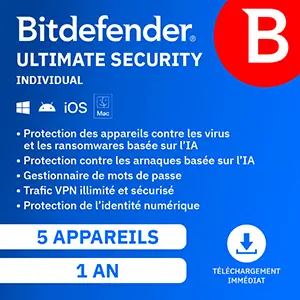 Bitdefender Ultimate Security 2026 – Individual – 5 App 1 An – Windows Mac Android iOS – Edition Française
